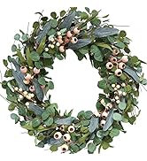 Bibelot 20inch Artificial Eucalyptus Wreath Green Leaves White Berry Big Berries Wreath for Front...
