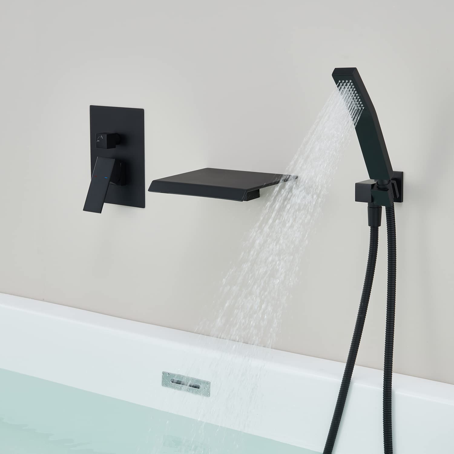 Wowkk Grifo romano bañera pared cascada negro monomando latón ducha mano