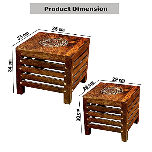 Image of Wooden Stools for Living Room, Sitting Chair for Home, Handcrafted Round Antique Finish | Handmade Table for Office | Home Furniture | Outdoor /Indoor Decor (Square Caving Floral Top Stool, Pack of 2)