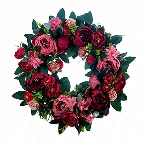 Artificial Floral Wreath 16 Inches Peony Wreath Round Silk Indoor And Outdoor Floral Wreath Home Decor For Front Door Wall Outdoor Farmhouse Decor, Red #TOP1