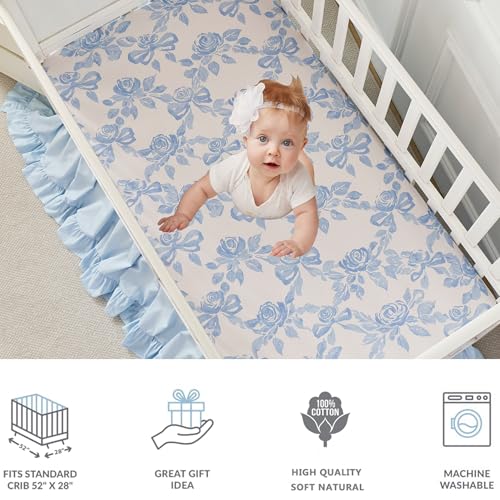 Image of Brandream Organic Crib Fitted Sheets for Baby Girls, Cottagecore Fitted Crib Sheet for Standard Crib and Toddler Mattress Super Soft 100% Cotton Baby Sheet French Country Blue Coquette Bow Rose Print