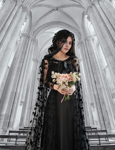 Black Lace Floral Tulle Cape with Hood, Long Halloween Witch Costume Cloak | Women Hooded Sheer Cape Plus Size, Witch Wizard Gothic Vampire Costume, Tulle Robe with Large Hood - image 6