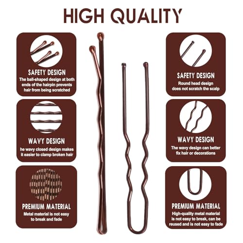 Hanyousheng 650 Stück Haarnadeln Klein Set, Bobby Pins Set, 100 Haarklammern 2inch 2.76inch, 100 U-förmige Haarnadeln 2inch 2.36inch, 450 Haargummis mit Aufbewahrungsbox für Frauen Mädchen (Braun)