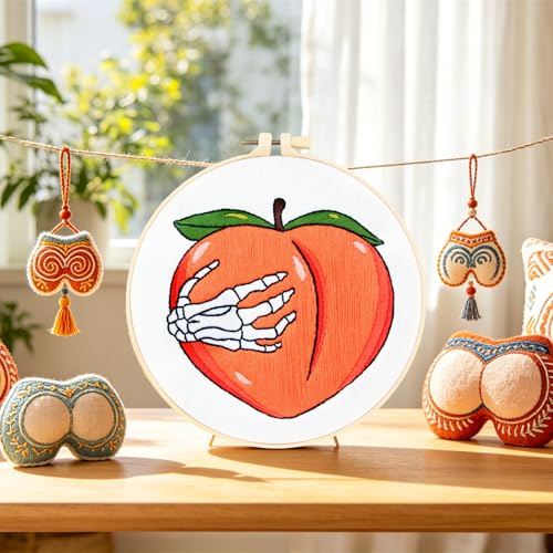 Image of Hand Bone Embroidery Kits for Beginners Adults, Peach Embroidery Starters Kits, Halloween Stamped Cross Stitch Kits DIY Needlepoint Kits for Beginners Adult, Embroidery Hoop, Thread and Video Tutorial