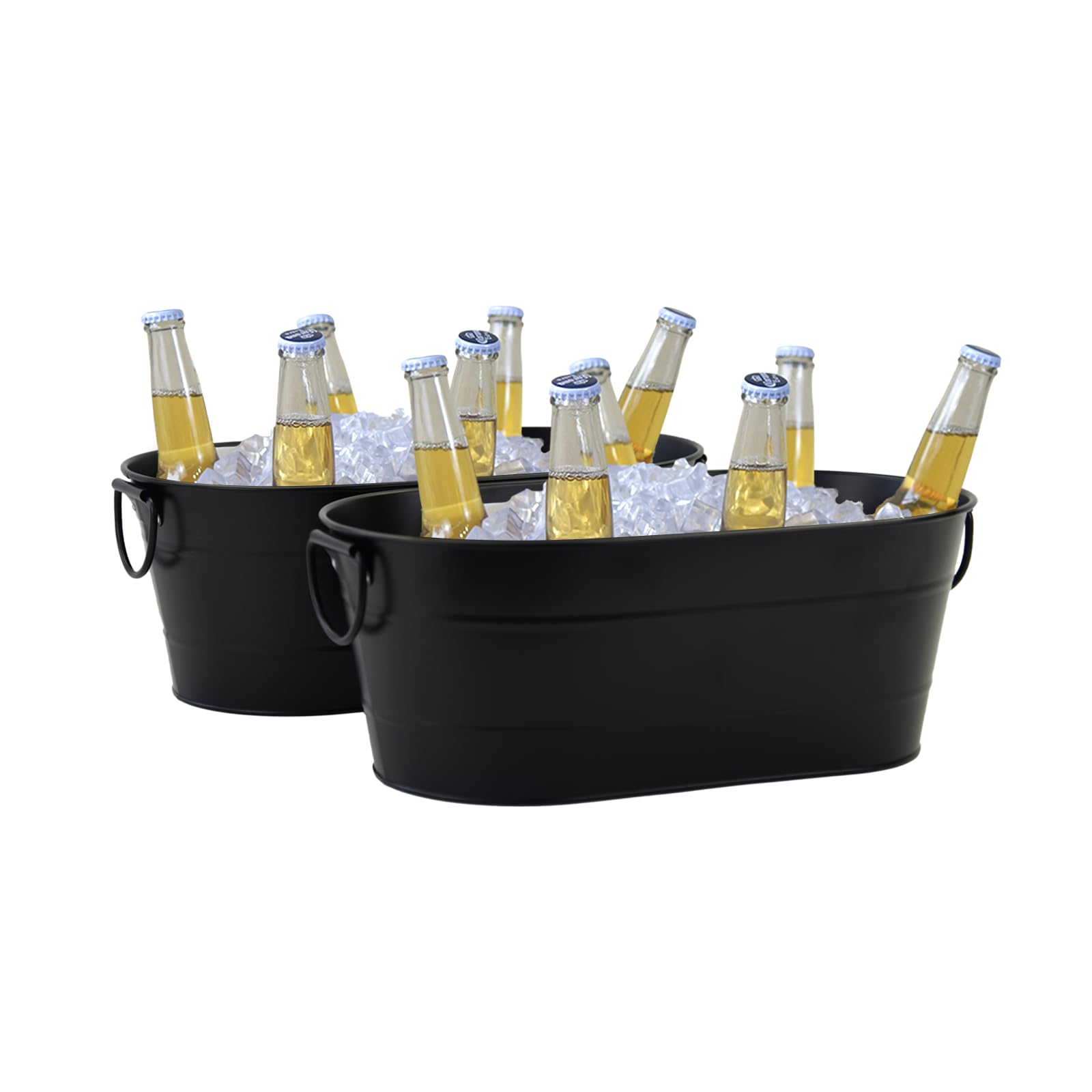 Ice Bucket Galvanized Tub, 2 Pcs 3 Gallon Oval Beverage Tub, Drink Cooler Ice Buckets for Parties, Metal Bucket with Handle for Beer Whiskey Wine and Cocktails (Black)