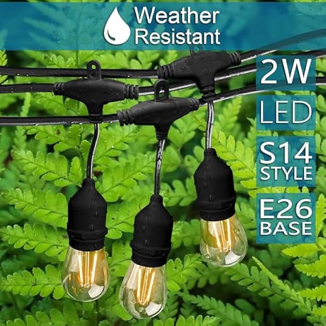 Banord Outdoor String Lights, 48FT Waterproof Patio Lights with 2W Dimmable LED Bulbs, for Outdoor Backyard, Garden, Deck, Porch, Gazebo, Balcony, Camping, Party