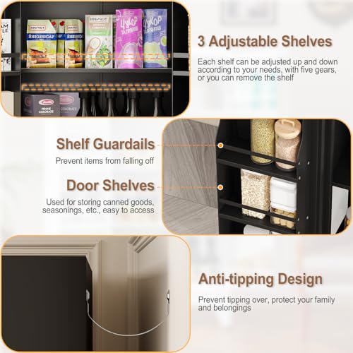 Image of GAIOUS Metal Kitchen Pantry Cabinet, Storage Cabinets with 2 Door and 3 Adjustable Shelves, Black Freestanding Food Storage Cabinet, Steel Cupboard for Kitchen Dinning Room