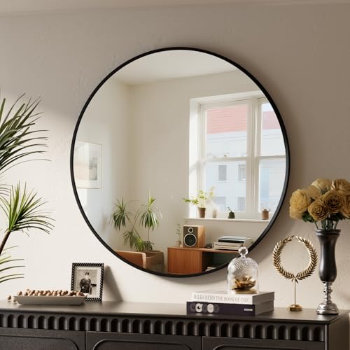 BEAUTYPEAK 46 cm Runder Spiegel, Bruchsicherer Wandspiegel mit Aluminiumrahmen, Badezimmer Spiegel zum Aufhängen und Anlehnen, Rund Wandspiegel für Schlafzimmer, Bad, Wohnzimmer