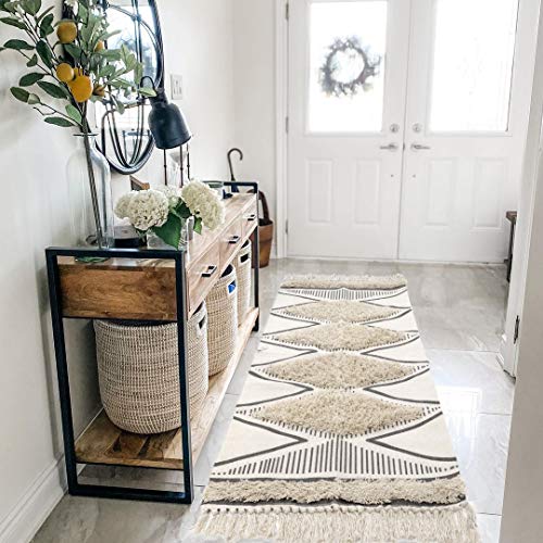 Boho Rug For Bedroom, 2.3' X 5.3' Soft Washable Boho Kitchen Runner Rugs Indoor Woven Cotton Carpet Cream Rug Fluffy Tufted Geometric Farmhouse Runner Rug For Hallway Bathroom Entryway Bedside #TOP5