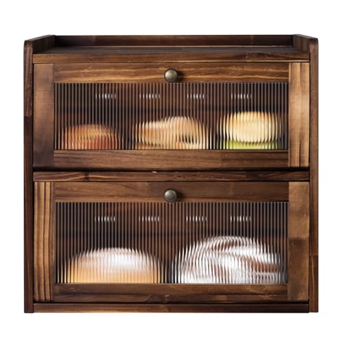 Wooden Bread Box for Kitchen Countertop, 2 Layer Large Capacity Storage | Vintage Farmhouse Bread Keeper Storage Container Bin with Clear Acrylic Window, Brown