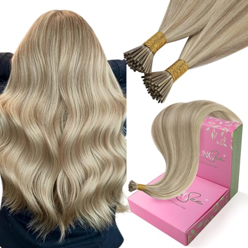 Image of YoungSee I Tip Extensions Highlight Blonde, Itip Human Hair Extensions, Light Blonde Highlight Golden Blonde, Human Hair Extension I Tip, 16 Inch 65 Strands 50g, Easy to Wear for Girls