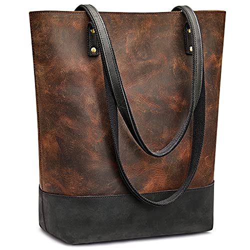S-Zone Leather Tote Bag For Women Genuine Leather Shoulder Purse Vintage Handbag Two Tone With A Luggage Sleeve #TOP7