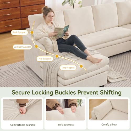 Image of 85 inch Sectional Couches with Left Chaise, Comfy Deep Dual-Layer Cushion Couch, 4 Seater L Shaped Couch, Modern Modular Sofa, Chenille Sofas for Living Room, Apartment, Beige