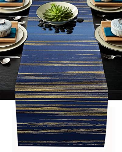 Burlap Table Runner 120 Inches Long,Abstract Blue Yellow Marble Pattern Linen Dinner Table Setting Decor for Wedding Gatherings Party Baby Shower