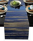 Burlap Table Runner 120 Inches Long,Abstract Blue Yellow Marble Pattern Linen Dinner Table Setting D