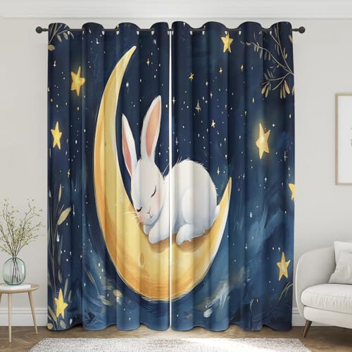 Cute Rabbit Curtains for Nursery Bedroom 84 Inch Length 2 Panels, Dreamy Starry Sky Moon Kids Blackout Curtains, Thermal Insulated Grommet Window Curtain for Living Room Drapes a1FT&-42