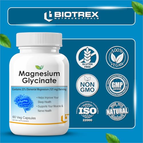 Image of Biotrex Nutraceuticals Magnesium Glycinate | Highest Bioavailability | Cramps, Sleep & Mood balance | Chelated Form With Superior Absorption | Muscle Recovery & Nerve Function | 60 Veg Capsules