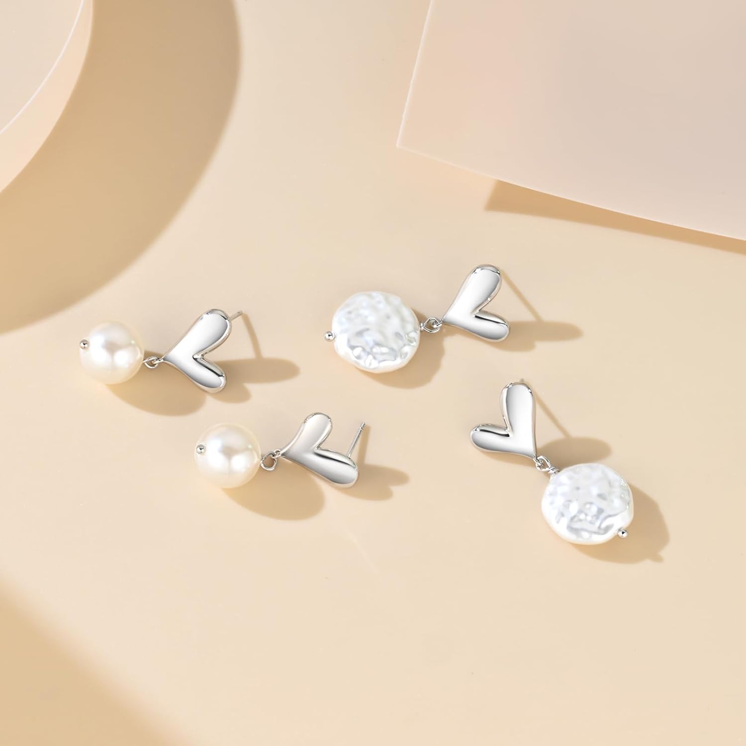 Silver Pearl Drop Earrings for Women, Hypoallergenic Heart Dangle Earrings with 14K Real White Gold Plated - Image 5