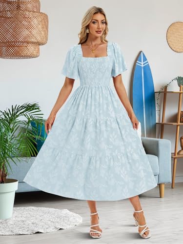 Image of Women's Summer Dresses 2025 Casual Maxi Dresses Boho Floral Short Sleeves Square Neck Beach Vacation with Pockets