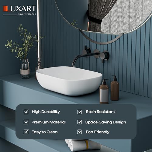 Image of LUXART Ceramic White Table Top Vessel Sink |18 x 13 x 6 Inc Wash Basin Over Counter Top Wash Basin | Tabletop Bathroom Kitchen Sink For Bathroom & Living Room