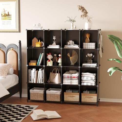 AWTATOS Cube Storage Organizer, 16 Cube Closet Organizer, Stackable Storage Cube Shelves, DIY Portable Closet Clothes Organizer Shelving for Bedroom, Closet, Wardrobe, Bathroom, Black thumbnail 2