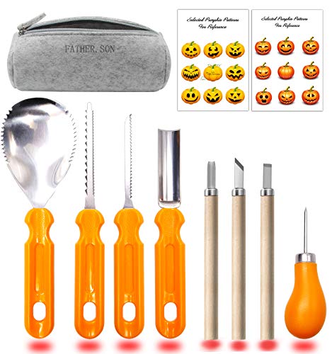 FATHER.SON 8PCS Halloween Pumpkin Carving Tools Kit & 2 LED Candles light & 100 Stencils Ebook & Instructions Packing With Stylish Pen Bags, Jack-O-Lanterns Professional DIY Stainless Steel Set