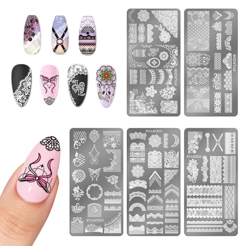 5pcs Lace Flower Design Nail Stamping Plate Kit with Nail Stamper, Bow French Tips Nail Stencil Reusable Stainless Steel Manicure Tool Nail Supplies for DIY Print Manicure Salon Design