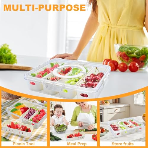 Image of Divided Veggie Tray with Lid and Handle 4 Compartment Serving Tray with Dividers Portable Travel Snack Containers Stackable Box Charcuterie Container for Fruit,Vegetable,Salad (4 Grid - 1 PC)
