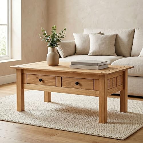 IDIMEX Table Basse de Salon Cancun rectangulaire en Bois avec 2 tiroirs, en pin Massif Finition teintée/cirée