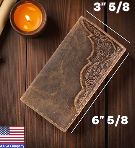 Image of F&L CLASSIC Men's RFID Vintage Look Genuine Leather Long Bifold Wallet Checkbook Wallets, brown 83, 6 6 /8 inch X 3 5 /8 inch Inches, Retro