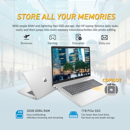 Image of HP 17 Inch Laptop Touchscreen, 17.3 Touchscreen Laptop, AMD Ryzen 5(6-Cores), 16GB RAM 1TB SSD, Windows 11 Pro, 10-Key Number Pad, Copilot Key