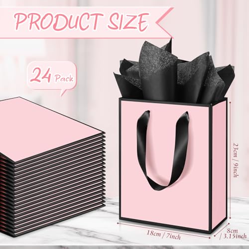 Image of Yeaqee 24 Pack Metallic Paper Gift Bag with Tissue, Light Pink and Black | with Satin Ribbon Handle and Tissue, 9x7x3.1 Inch, Suit Business, Birthday, Christmas, Thank You Return Gifts Bags