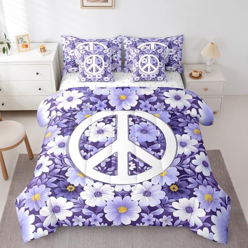 Erosebridal Juego de ropa de cama bohemia púrpura con signo de la paz, edredón tamaño individual, 7 piezas, decoración floral bohemia en una bolsa para niñas y mujeres, juego de sábanas de flores