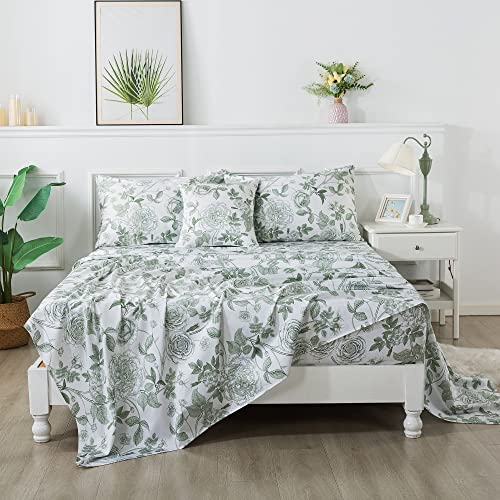 Image of FADFAY Sheets Set Full Vintage White and Green Floral Bedding Elegant Peony Sheets Set Shabby Rose Farmhouse Bedding 100% Egyptian Cotton 800 Thread Count Deep Pocket Fitted Sheet 4Pcs, Full Size