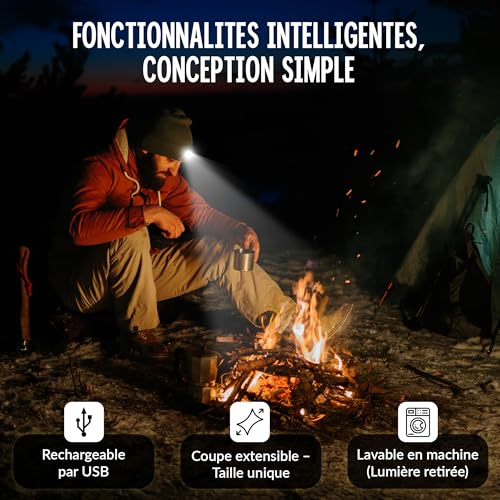 FUZZIO Bonnet Tricot Hommes Femmes 4 LED Chapeaux USB Rechargeables avec 3 Modes de Lumière Mains Libres,Cadeau De Noël pour Camping,Promenade des Chiens,Course, Alpinisme – vue 3