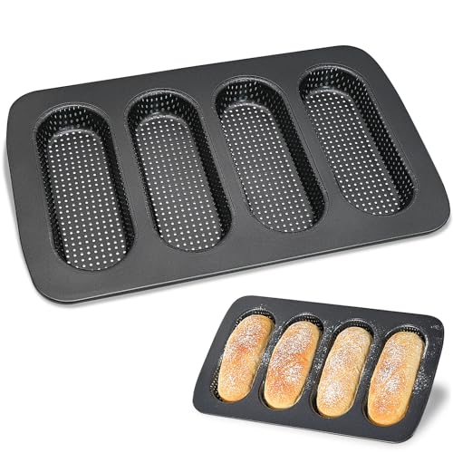 MEIYAXINWIN Baguette Backform aus Edelstahl, 34.7x21.5x3cm Baguette-Backblech mit Antihaftbeschichtung für 4 knusprige Hot Dog Brötchen, ideal für Baguetteformen, Brotformen(je18x7cm)