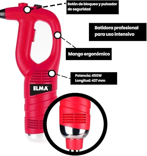 ELMA Batidora de Mano Profesional, Brazo Triturador de Acero Inoxidable de 30 cm Extraíble | Motor Potente de 450W, Velocidad Variable, Ideal para Hostelería y Cocinas Industriales, Color Rojo - imagen 5