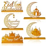 WATINC 5pcs Ramadan Wooden Centerpieces Decorations, Eid Mubarak Table Topper Decor, Happy Ramadan Kareem Wood Tiered Tray Signs, Al-Fitr White Gold Detachable Tabletop Party Supplies for Home Kitchen