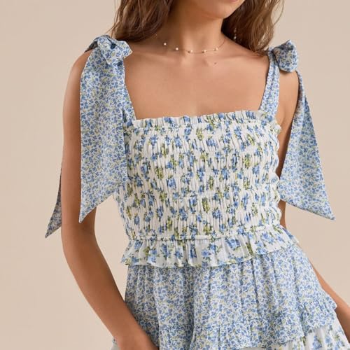 Image of Women Y2K Tie Shoulder Mini Dress Bow Babydoll Ruffle Short Dress Summer Boho Floral Flowy Beach Sundress