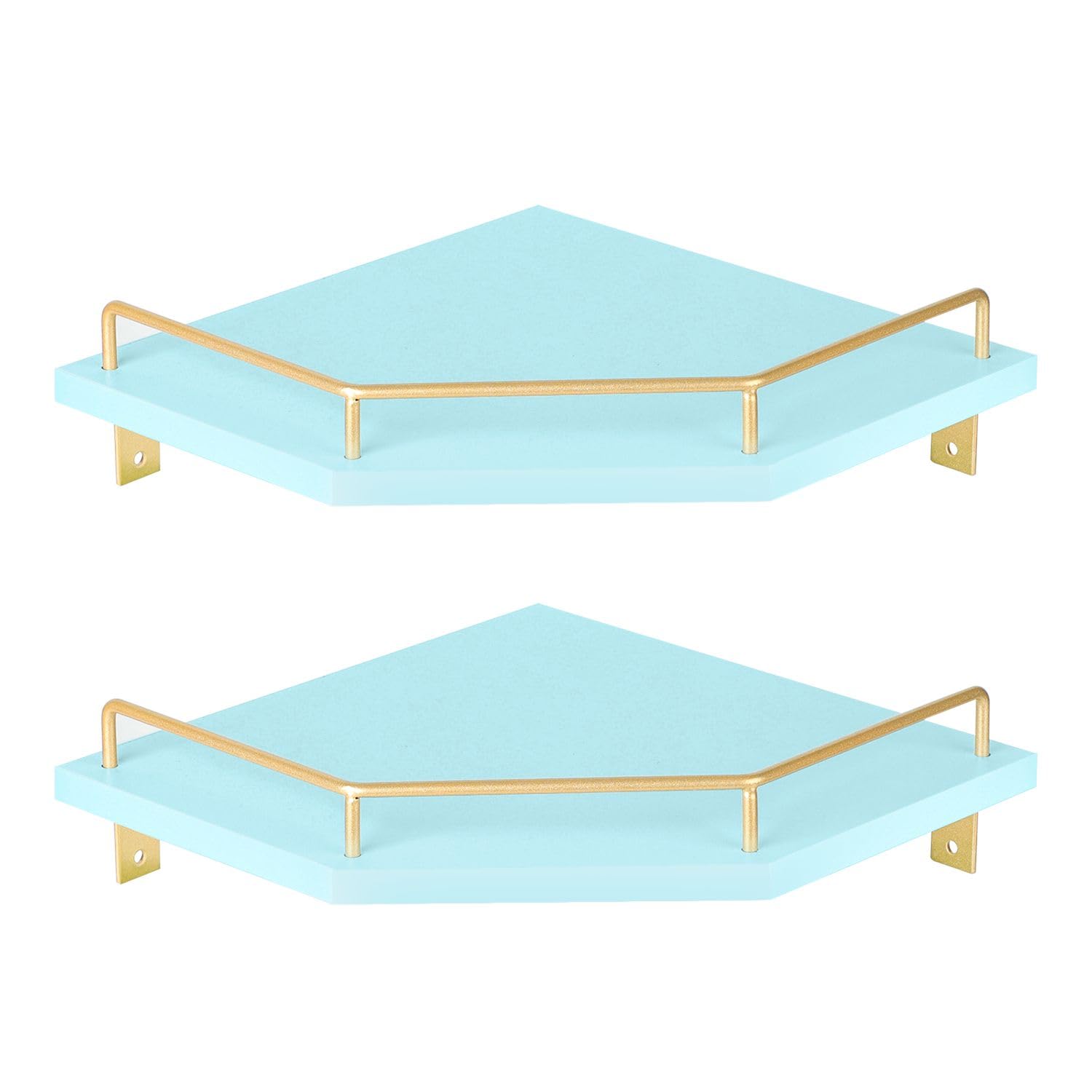 Tirzah Blue Wall Mount Corner Shelf with Gold Metal Guardrail, 2-Tier 24cm Diamond-Shaped Wood Corner Floating Shelves for Home Decor Kitchen Organizer