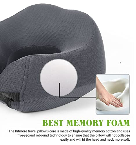 Bitmore 100% Memory Foam Travel Neck Pillow For Airplane/Car/Office&Home Rest Use, 360-Degree Support Backed By Sleep Science, Midnight Portable Plane Accessories (Grey) #TOP2