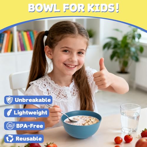 Image of 26 OZ Wheat Straw Bowls Set of 6, Reusable Plastic Kitchen Bowls, Unbreakable Bowls Set for Cereal, Salad, Snack, Soup, Ideal for Indoor & Outdoor, Microwave & Dishwasher Safe, Blue