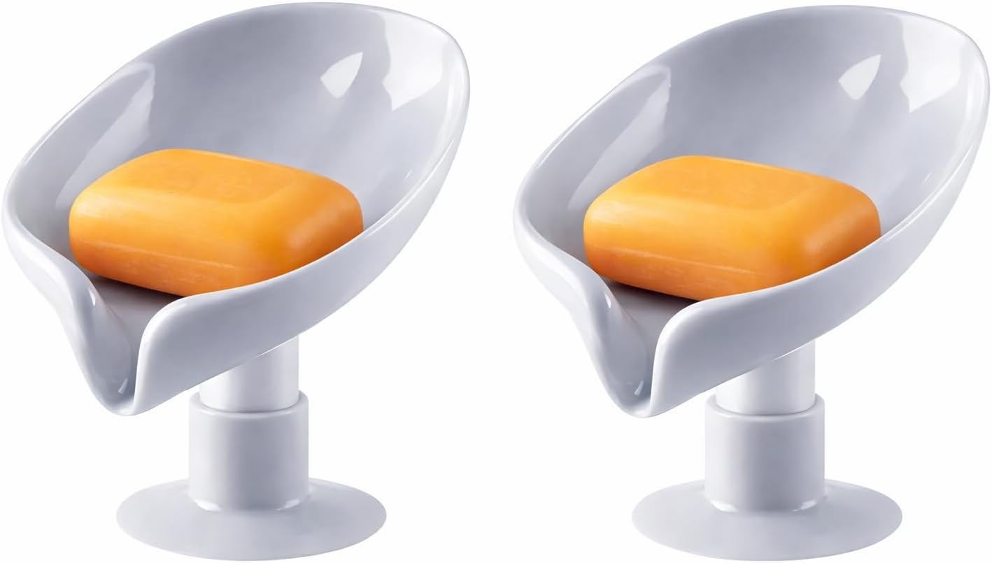 Leaf-Shape Self Draining Soap Dish Holder, Easy Clean Soap Dish for Shower with Suction Cup Creative soap Box, for Bathroom, Kitchen, Bathtub, Wash basins (Multicolor, Plastic, Pack of 2)