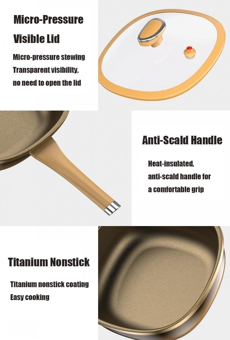 12in Titanium Alloy Non-Stick Pot with Lid,Titanium Frying Pan for Cooking Non Stick,Woks & Stir-Fry Pans Nonstick Multifunction Deep Wok Effortless Cooking (Pot+ Lid +Steamer)