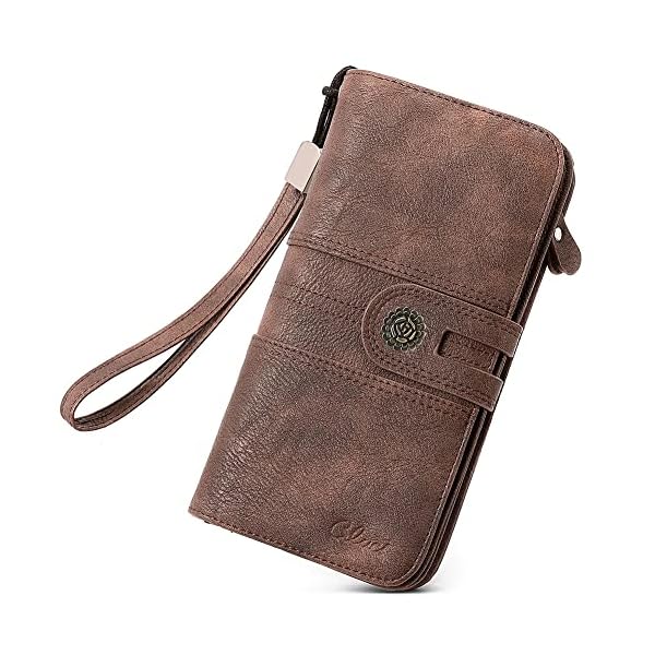 Women Wallet Large Leather Designer Card Holder Organizer Long Ladies Travel Clutch Wristlet Coffee