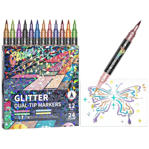 Marcadores de arte | Puntas finas y brush con purpurina, rotuladores para colorear para adultos | para escuela, aula, hogar, guardería, diario, álbum de recortes, bocetos e ilustración