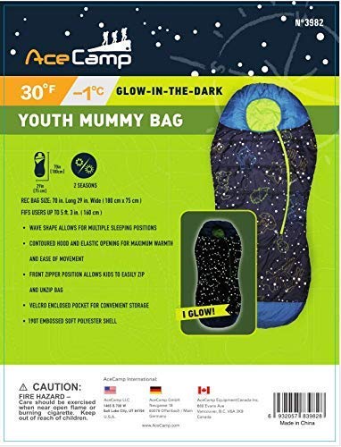 Acecamp Glow In The Dark Mummy Sleeping Bag For Kids And Youth, Temperature Rating 30°F/-1°C, Water-Resistant For Camping, Hiking, And Slumber Party (Blue, Kid's) #TOP4