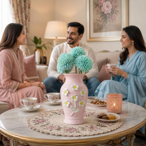 Image of Market99 Dark Pink Ceramic Curvy Vase | Engraved Floral Pattern Flower Holder | Aesthetic Home Decor for Bedroom, Living Room, Office | Vase for Flowers, Flower Pot & Gifting