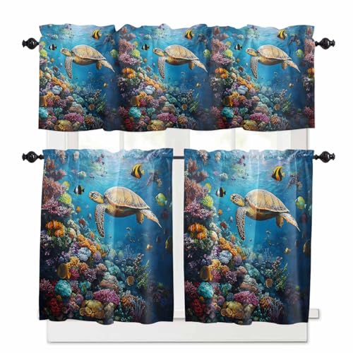 Summer Turtle Kitchen Curtains 36 Inch Length, 3 Piece Rod Pocket Small Half Tiers and Valance Set, Ocean Coral Underwater Sea Fish Animal Small Large Window Treatment Decor for Bedroom/Bathroom Sink