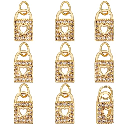 Beebeecraft 1 Box 10Pcs Padlock Charms 18K Gold Plated Hollow Lock Charms with Cubic Zirconia and Jump Ring for DIY Crafts Necklace Valentine's Day Jewelry Making